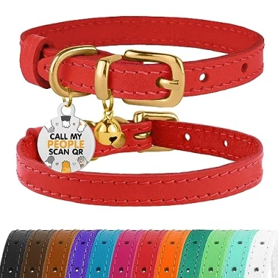 Abbildung von BRONZEDOG Katzenhalsband aus Leder mit Glöckchen, Nicht abreißbar, QR Tag für Mädchen und Jungen (Rot Gold, 23 28 cm)