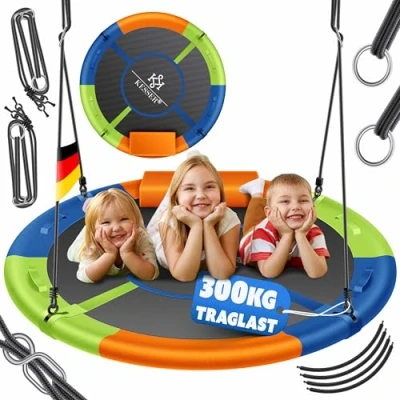 Abbildung von KESSER® Nestschaukel Tellerschaukel Hängeschaukel Rundschaukel Ø 120cm Schaukel bis 300kg belastbar mit Kissen &amp; 4 Griffen verstellbar Kinderschaukel Indoor Outdoor für Kinder Erwachsene Bunt