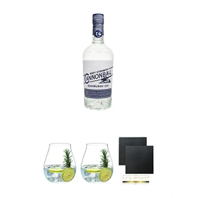 Abbildung von Edinburgh Gin Cannonball Navy Strength 0,7 Liter + Tonic Glas 5414/67 Schiefer Glasuntersetzer eckig ca. 9,5 cm Ø 2 Stück