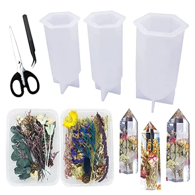 Abbildung von Woohome Kristallturm Schmuck Epoxidharz Silikonform, 3 Stück Wirbelkörper Gießform Resin Form Turm Silikonform für mit 2 Pack Trockenblumen, Schere, Pinzette DIY Harzblumen Kristalle