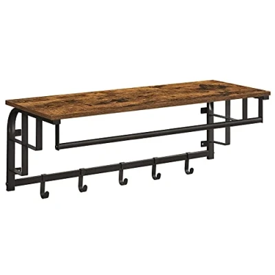 Abbildung von VASAGLE Wandgarderobe mit Aufbewahrungsregal, Wandregal 5 abnehmbaren Haken, Hängeregal Kleiderstange, für Eingang, Schlafzimmer, Wohnzimmer, rustikales Braun und Schwarz LCR102B01