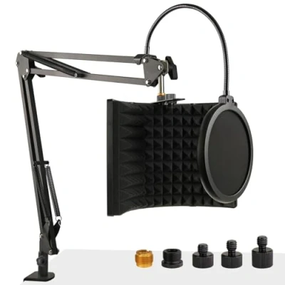 Abbildung von Frgyee Mikrofon Isolation Shield with Mikrofonarm &amp; Pop Filter 5 Gewindeadapter, 3 Schicht Metallpaneel Faltbar Schallschutz für Schall Absorbersystem Studio