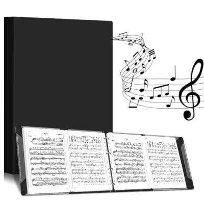 Abbildung von 4 Seitig Notenordner, Aufklappbar A4 Notenmappem, Notenmappe Mit 52 Klarsichthüllen, Schwarz Musikordner, Musik Notenständer, Präsentationsmappe Für Notenblätter Instrumentalist Musiker