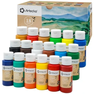 Abbildung von Artecho Acrylfarben Set 18x59 ml, Acrylic Paint Set, Wasserfest und Lichtecht, Schnell Trocknend, ideal für Leinwand, Papier Stoffe.