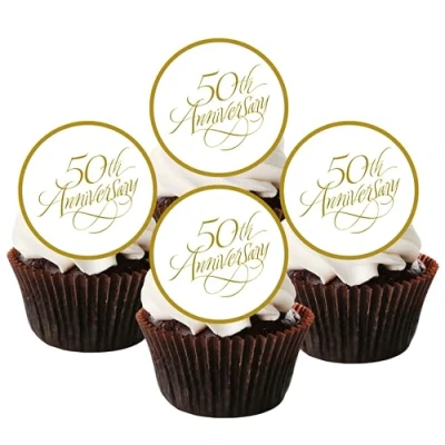 Abbildung von Cupcake Topper zum 50. Hochzeitstag, essbar, dick, gesüßt, Vanille, Oblaten, Reispapier, 24 Stück