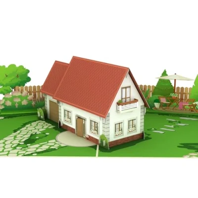 Abbildung von MOKIO® Pop Up Karte Haus mit Garten 3D Glückwunschkarte zum Hauskauf, Richtfest oder Einzug, Gutschein Hausbau als Verpackung für ein Geldgeschenk