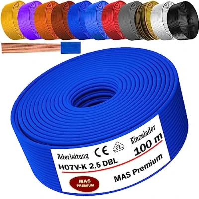 Abbildung von MAS Premium Aderleitung H07 V K 1x2,5 mm² HBL GRGE RT DBL BR OR GR WS VIO oder GE Einzelader flexibel Von 5 bis 100m (Dunkelblau, 100m)