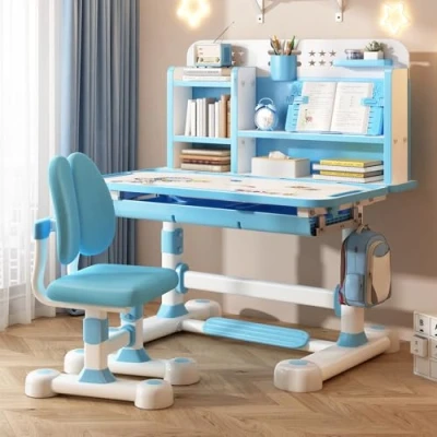Abbildung von Tuelaly Kinder Schreibtisch und Stuhl Set, höhenverstellbare Kinderschreibtische mit geräumiger Schublade, goldener Abstand zur Vermeidung von Kurzsichtigkeit, Design für
