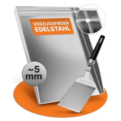 Abbildung von AMZBBQ® Premium Plancha Set 40 x 30 cm ca. 5 mm massiver Edelstahl 20% stärker als herkömmliche Planchas Grillplatte für Gas &amp; Kohlegrill Grillzubehör Geschenk Männer inkl. Grillspachtel