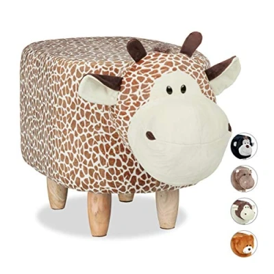 Abbildung von Relaxdays Tierhocker Giraffe, für Kinder, gepolstert, niedliche Dekohocker mit Tiermotiv, aus Holz, Schonbezug, beige braun