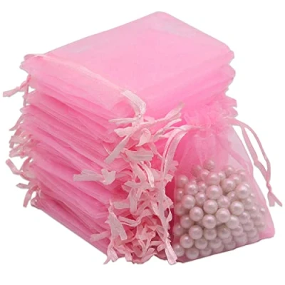 Abbildung von Leeyunbee 100 Stück Rosa Organzasäckchen 7 x 9 cm Organzabeutel, Säckchen Geschenk Schmuck Hochzeit Bonbonsbeutel Für Festival Party und Hochzeit, Satin Kordelzug