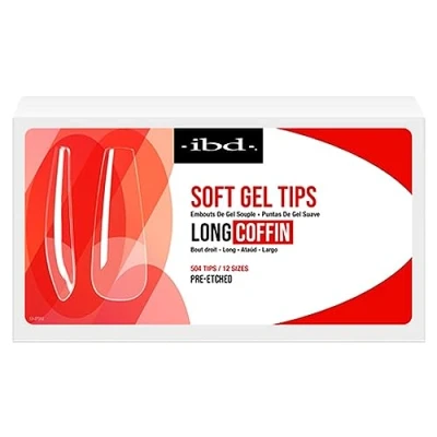Abbildung von IBD Soft Gel Tips Long Coffin 504 Stück, 12 Größen, Transparente Nagelspitzen, weiche Gelspitzen für Nagelverlängerung, lange Sargform MADE IN USA