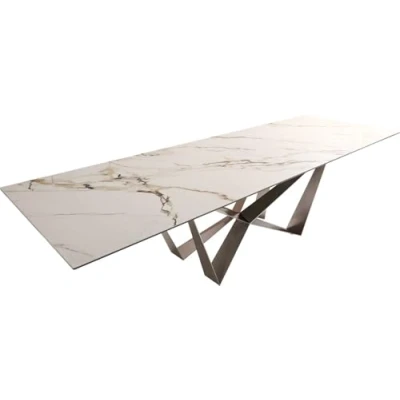 Abbildung von Esstisch Edge 300x100 Keramik Calacatta Luxe Weiß Gold Grau Spider Flachstahl Edelstahl