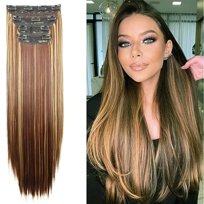 Abbildung von CAISHA XXL 60cm 4 Teile Set CLIP IN EXTENSIONS Haarverlängerung Haarteil Voluminös Glatt Braun Blond Mix CES310