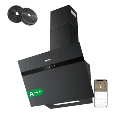Abbildung von CIARRA AS6736HG A+++ Dunstabzugshaube 60cm Umluft Kopffreie Schräghaube 650m3/h Wi Fi App Touch Bedienung Abluft CBCF003 Aktivkohlefilter 4 Leistungsstufen Malerei Mattglas Schwarz