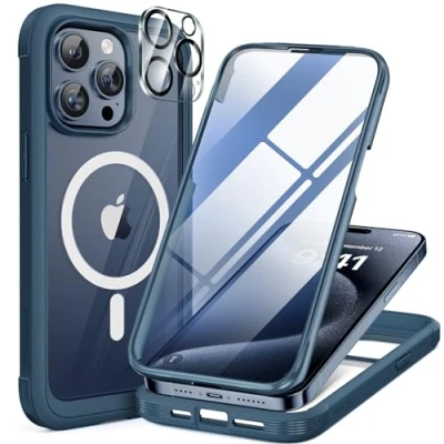 Abbildung von Miracase 360 Grad für iPhone 15 Pro Max Hülle Magnetisch mit Eingebaut Glas Schutzfolie und Kameraschutz, Stoßfest Komplettschutz Handyhülle Schutzhüllen 6,7 Zoll, Blau