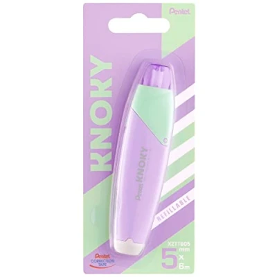 Abbildung von Pentel XZTT805V WY Knoky Korrekturband mit Druckmechanik, ergonomische Form, nachfüllbar, Länge 6m, Breite 5mm, Gehäusefarbe violett, 1 Stück auf Blisterkarte