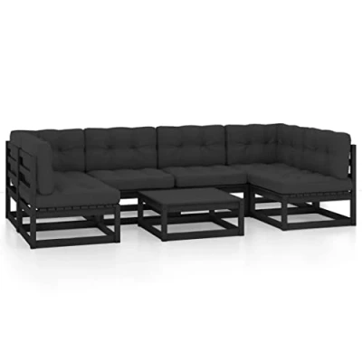 Abbildung von vidaXL Garten Lounge Set 7 TLG., Gartenmöbel Sitzgruppe für Terrasse Balkon, Modular Sofa mit Kissen, Garnitur Loungemöbel, Schwarz Massivholz Kiefer