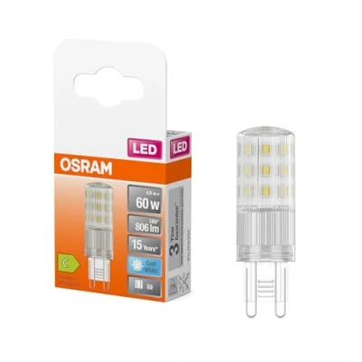 Abbildung von OSRAM LED PIN multicolor Lampe mit Retrofit Stecksockel G9, 4.9 W / 806 lm, klar, kaltweißes Licht 4000 K, nicht dimmbar, IP20, bleifreies Glas, 18 mm Durchmesser.