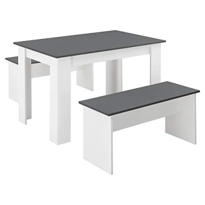 Abbildung von en.casa Essgruppe, (3 tlg), »Hokksund« Sitzgruppe Esstisch 110x70cm mit 2 Sitzbänken Weiß / Grau