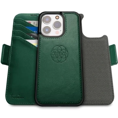 Abbildung von Dreem Fibonacci kompatibel mit iPhone 15 Pro Brieftaschen Etui / 2 in 1 stoßfestes und abnehmbares Folio aus veganem Leder, MagSafe kompatibel, RFID Schutz [Grün]