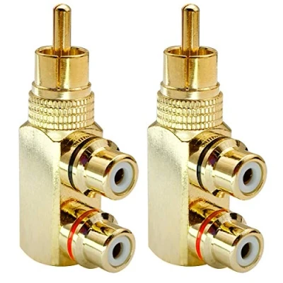 Abbildung von AAOTOKK Cinch Y Splitter Adapter, Vergoldeter 90 Grad Rechtwinkliger Männlich Stecker Auf 2 Weiblich Buchse Audio Video AV TV Adapter Metallanschluss(2Stücke/1Bis2)