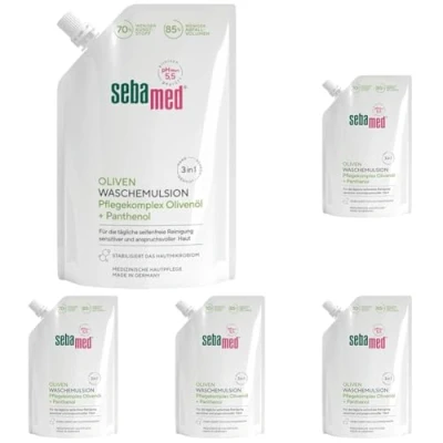 Abbildung von Sebamed Flüssig Oliven Wasch Emulsion Nachfüllbeutel, mit Olive und Panthenol, seifenfreie Reinigung für sensitive anspruchsvolle Haut, zur Hand , Gesichts Körperreinigung geeignet, 400 ml