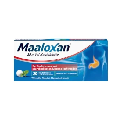 Abbildung von MAALOXAN 25 mVal Kautablette, 20 Stück, mit Algeldrat und Magnesiumhydroxid, bei Sodbrennen säurebedingten Magenbeschwerden