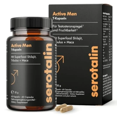 Abbildung von serotalin® ACTIVE MEN Maca Kapseln +Shilajit +Tribulus Terrestris +Bockshornklee +L Citrullin +Vitamin E A K2 D3 hochdosiert +Selen +Zink 100% vegan &amp; made in Germany für 1 Monat