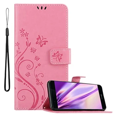 Abbildung von Cadorabo Hülle kompatibel mit Huawei P9 Blumen Design aus Premium Kunst Leder Flip Klappbare Stoßfeste Magnetische [Standfunktion] [Kartenfächern] Cover für Tasche in Rosa