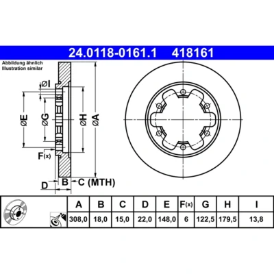 Abbildung von ATE 24.0118 0161.1 Bremsscheibe 308,0 18,0 6 148,0 voll beschichtet FORD: Transit V363 Kastenwagen, Bus