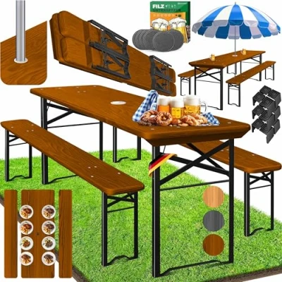 Abbildung von KESSER® Bierzeltgarnitur 3 teilig Gartenmöbel Set Klappbar 170 x 46 75cm 2X Bierbänke 1x Biertisch Festzeltgarnitur Stehtisch Sitzgarnitur Holz 12x Bodenschoner &amp; 6x Filz Untersetzer
