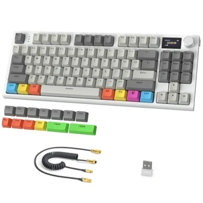 Abbildung von RK86Pro Mechanische Tastatur, 2,4G Wireless/BT5.0/USB C Wired Gaming 75% TKL 87 Tasten mit 1.2&quot; TFT HD Farbdisplay und CNC Knopf, RGB Backlit TTC Hot Swap Linearschalter PBT Keycap Grau