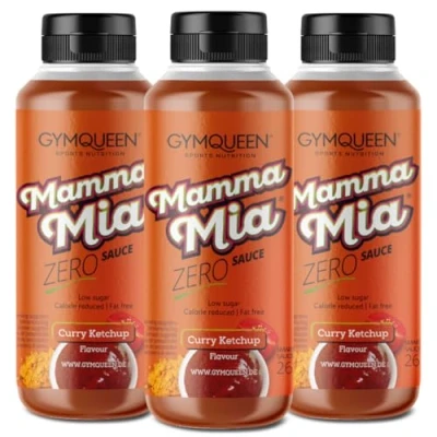 Abbildung von GymQueen Mamma Mia Zero Sauce 3x265ml, kalorienarm, ohne Fett &amp; Zucker, zum Verfeinern von Gerichten oder als Salat Dressing, vegetarisch und laktosefrei, Curry Ketchup