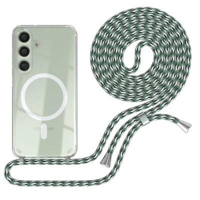 Abbildung von EAZY CASE Handykette kompatibel mit Samsung Galaxy S24 Kette zum Umhängen Stoßfest Handyhülle für Silikon Hülle Band Handytasche Transparent in Hell Grün Camouflage Clips Silber
