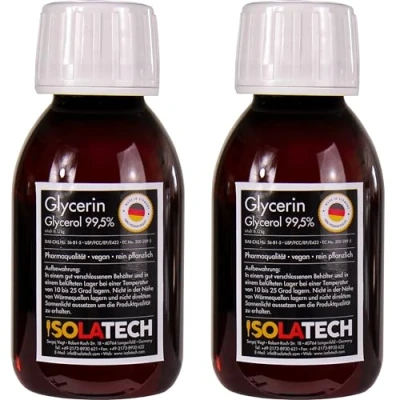 Abbildung von ISOLATECH Glycerin 99,5% 2x 100ml Pharmaqualität made in Germany, gemessen 99,98% rein Pflanzlich, Glyzerin Glycerol flüssig transparent (Inhalt 240g)