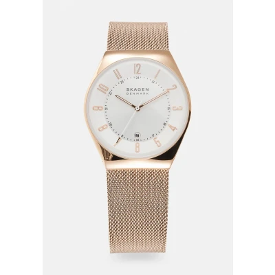 Abbildung von Skagen Damenuhr Grenen, DreizeigerDatumswerk, 37mm Rose Gold Recycled Edelstahl (Mindestens 50%) Gehäuse mit EdelstahlMeshArmband, SKW6818