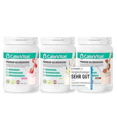 Abbildung von Vollwertiger Mahlzeitenersatz Kalorien Shake zum zunehmen mit vielen essentiellen Vitaminen &amp; Mineralstoffen CaloVital Premium Qualität aus Deutschland (3er Set Vanille Erdbeere Schoko)
