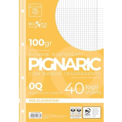Abbildung von Pigna 02222370Q, Ersatz mit verstärktem Band, Lineatur 0Q, kariert 5 mm Rand für 2. und 3. Klasse, Papier 100 g/m², Packung 40 Blatt