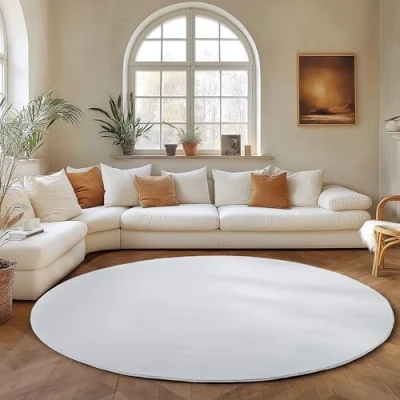Abbildung von SIMPEX Runder Teppich Weiss 80 cm Kurzflor Waschbar, rund, weich &amp; rutschfest, modern einfarbiges Design für Wohnzimmer, Küche Schlafzimmer, Kinderzimmer