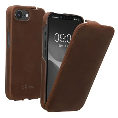 Abbildung von kalibri Flip Hülle Ultra Slim kompatibel mit Apple iPhone SE 2025 / 4 4. Generation Leder Case Schutzhülle Tasche in Braun