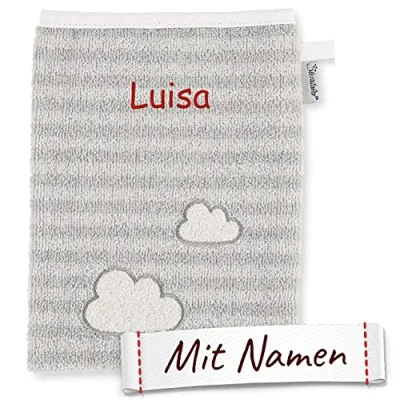Abbildung von Sterntaler Waschhandschuh mit Namen bestickt, Schaf Stanley Waschlappen für Kinder &amp; Babys personalisiert zur Geburt, Taufe oder als Geschenk zum Geburtstag (Schaf Grau)