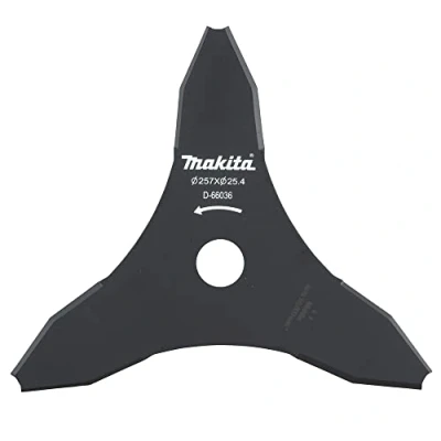 Abbildung von Makita D 66036 3 Zahn Schlagmesser 257 mm, Aufnahme 25,4 Dickichtmesser aus Stahl, für bspw. verastete Sträucher, dünne Gehölzpflanzen, krautige Gräser, passend Sensen und Freischneider