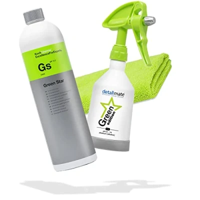 Abbildung von detailmate Green Star Set: Koch Chemie GreenStar Universalreiniger Auto Industrie Werkstatt 1L + KWAZAR Mercury Sprühflasche Edition 0,5l für ph 8 14 geeignet Mikorfasertuch Handschuhe