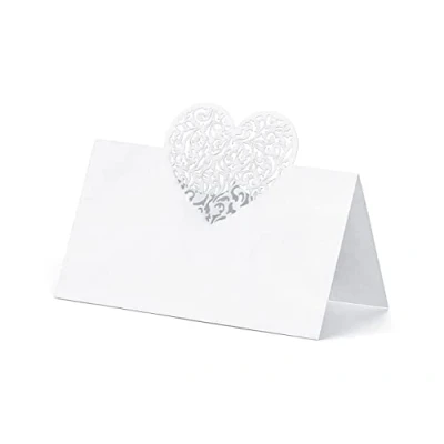 Abbildung von partydeco Papierdekoration, Tischkarten mit Herz Ornament 9x6,5cm blanko 10 Stück weiß perlmutt