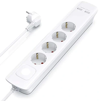 Abbildung von CSL Steckdosenleiste mit USB Ladegerät 4 Fach 2 x Ports Schutzkontaktsteckdosen bis zu 3680 W 5 V poliger EIN Ausschalter integrierter Berührungsschutz