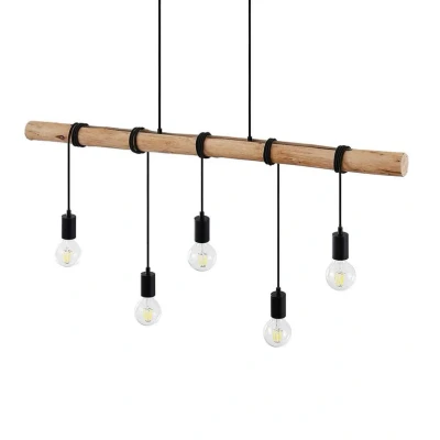 Abbildung von Lindby Hängeleuchte Rom, dimmbar, Leuchtmittel nicht inklusive, Vintage, Eisen, Holz, Seil, Schwarz matt, holz hell, 5 flammig, E27