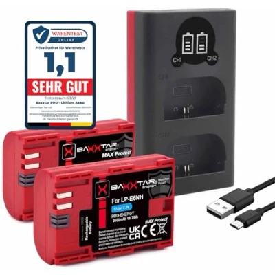 Abbildung von Baxxtar MaxProtect LP E6NH 2400mAh Akku 2X mit aktivem NTC Sensor und V1 Schutzgehäuse, auch kompatibel Canon R5 R5c R6 R6II R7 (Ladegerät 18602 Mini USB LCD)