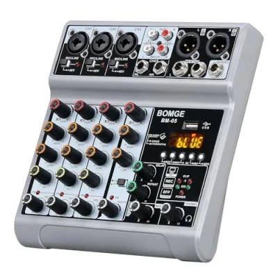 Abbildung von BOMGE Audio Mixer, Sound Board Mischkonsole mit 5 Kanal Digital USB Bluetooth Echo Delay Effekt, 48V Phantomspeisung Stereo DJ Mixer für Aufnahme, Live Streaming, Podcasting