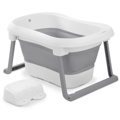 Abbildung von hauck Faltbare Babybadewanne mit Hocker Wash N Fold L für Babys &amp; Kleinkinder ab Geburt bis 18 kg, Ablaufstöpsel Farbwechsel bei Hoher Temperatur, Weiche Materialien, 80 x 56 44 cm (White Stone)